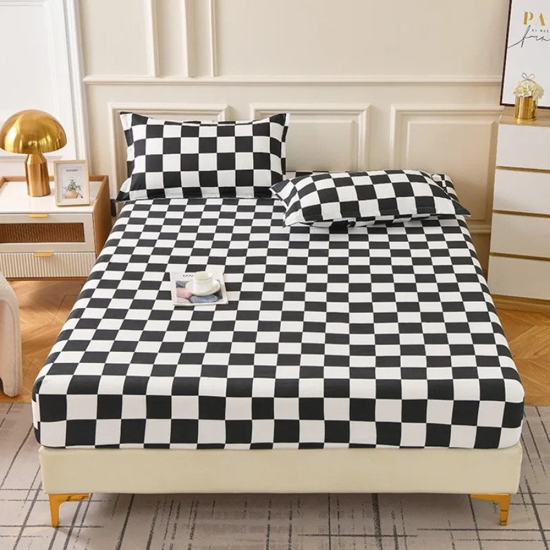 3PC Black White Checkered Fitted Sheet Set, Geometric Plaid Bedding Set with Pillowcases, Soft Microfiber Bed Sheet for Bedroom