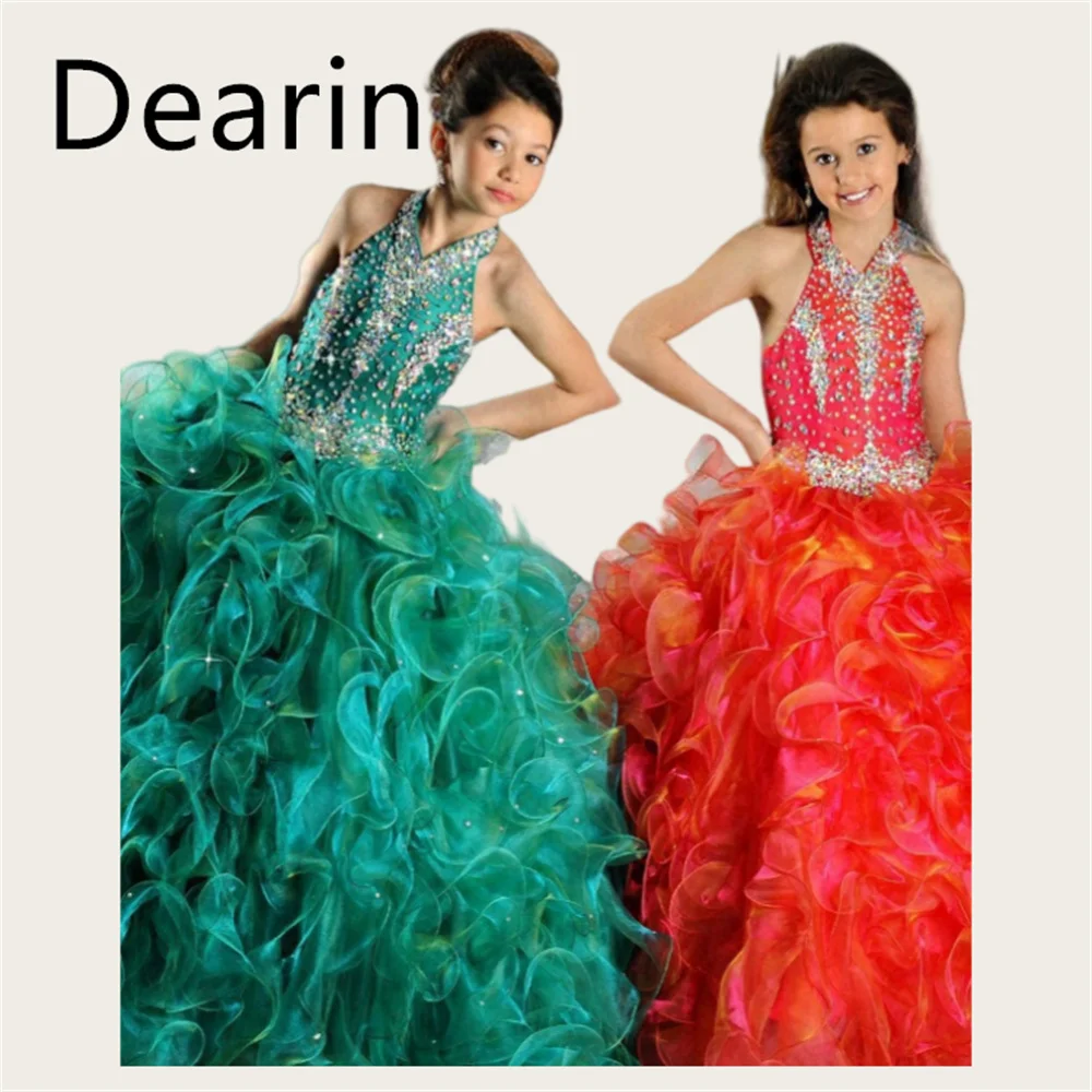 Customized Flower Girl Dress Dearin Shoulder Girdle A-line Floor Length Skirts Sequin Tulle Dresses