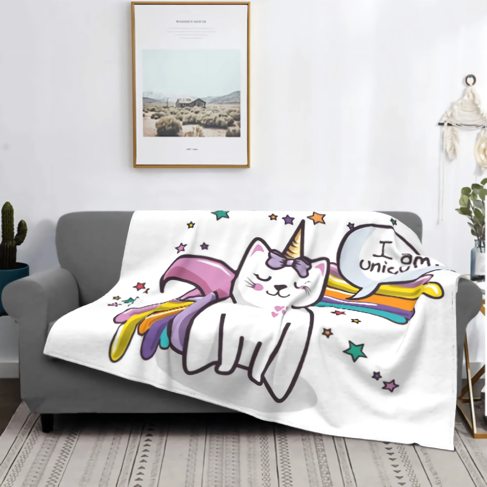 Cute Cat With Ice Cream Cone Bow Stars And Rainbow Unicorn Blanket Super Soft Cozy Plush Microfiber Fluffy Blanket Lightweight