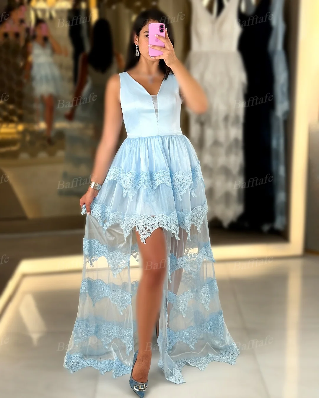 Bafftafe فساتين لحضور الحفلات الموسيقية للنساء من الدانتيل الساتان الأسود مخصصة على شكل حرف v قصيرة من الأمام وطويلة من الخلف مناسبة خاصة رسمية فساتين سهرة 2025