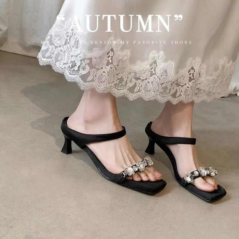 2026 new summer women sandals natural leather 22-25cm satin/cowhide+sheepskin+pigskin crystal women shoes fashion ladies mules