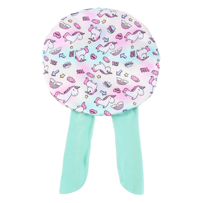 New Kids Unicorn Pattern Satin Bonnet Wide Elastic Band Sleeping Cap for Curly Natural Hair Child Night Caps Toddler Shower Cap