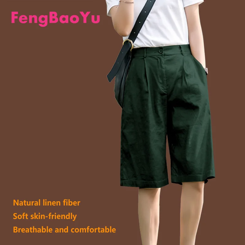 

Fengbaoyu Linen Summer Ladies Five-part Pants Loose Waist Show Thin Solid Color Straight Casual Fashion Trousers Free Shipping