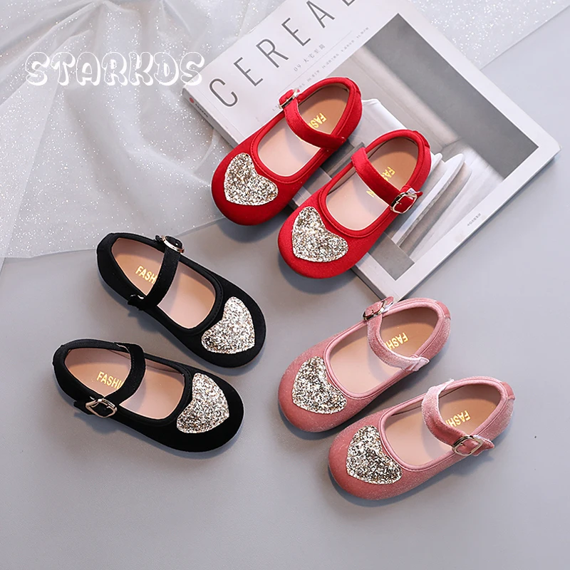 Kids Glitter Heart Patch Velvet Shoes Girl 2024 Spring New Ballet Flats Vintage Baby Child Soft Sole Velour Mary Janes In Red