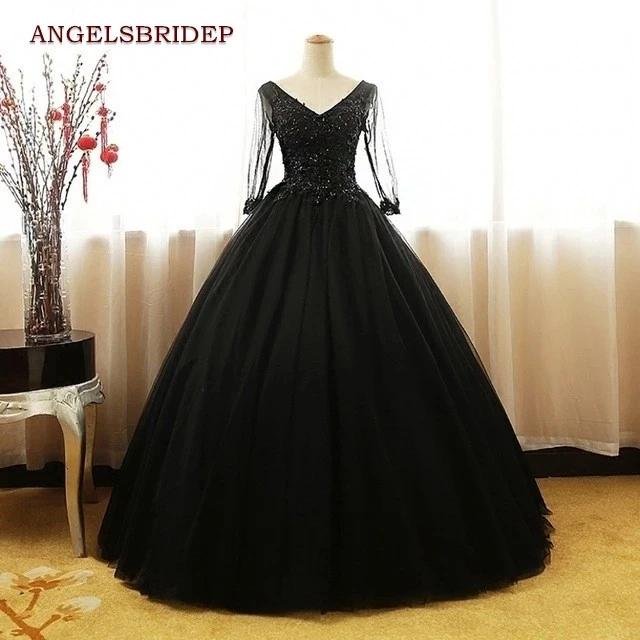 Princess Long Sleeve Black Ball Gown Quinceanera Dresses Sexy V-Neck Girls Masquerade Sweet 16 Dresses 15 anos Formal Party Gown