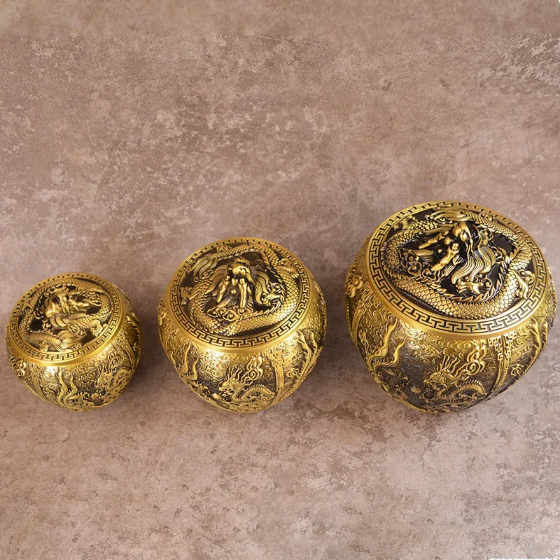 All-brass embossed dragon and phoenix tea caddy, a decorative storage container for home use, a copperware gift item