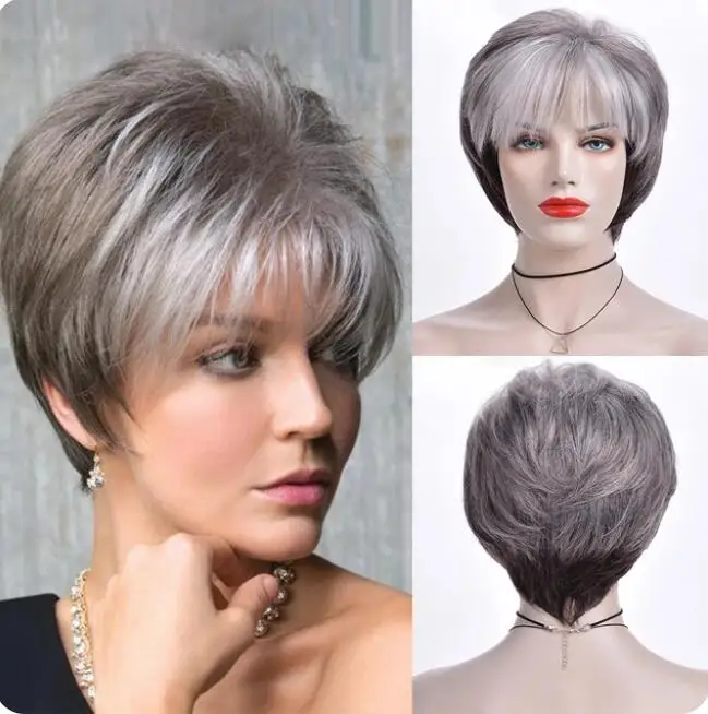 Cut Short Women Synthetic Wig Straight Wavy Ombre Brown Gray Natural Hair Heat Resistant Wig for Daily Party