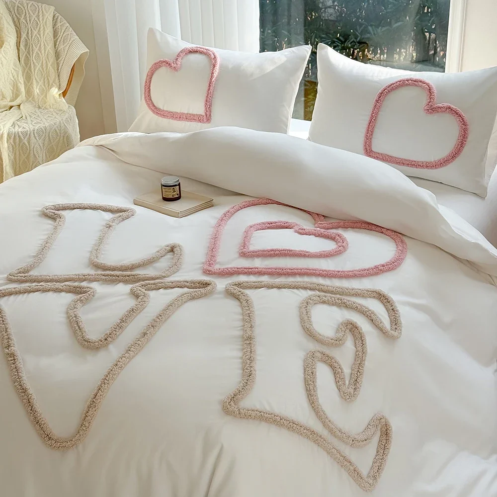 New Love Letter Tufted Couples Duvet Cover Set Simple Tufting Loves Bedding Set Queen Soft Skin-Friendly Quilt Cover Pillowcases