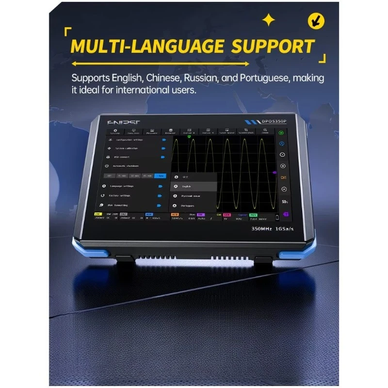 Osciloscópio digital com tela sensível ao toque DPOS350P 4 em 1, 2 canais, 350MHZ, multímetro digital automático de 8 bits, display de 7 polegadas