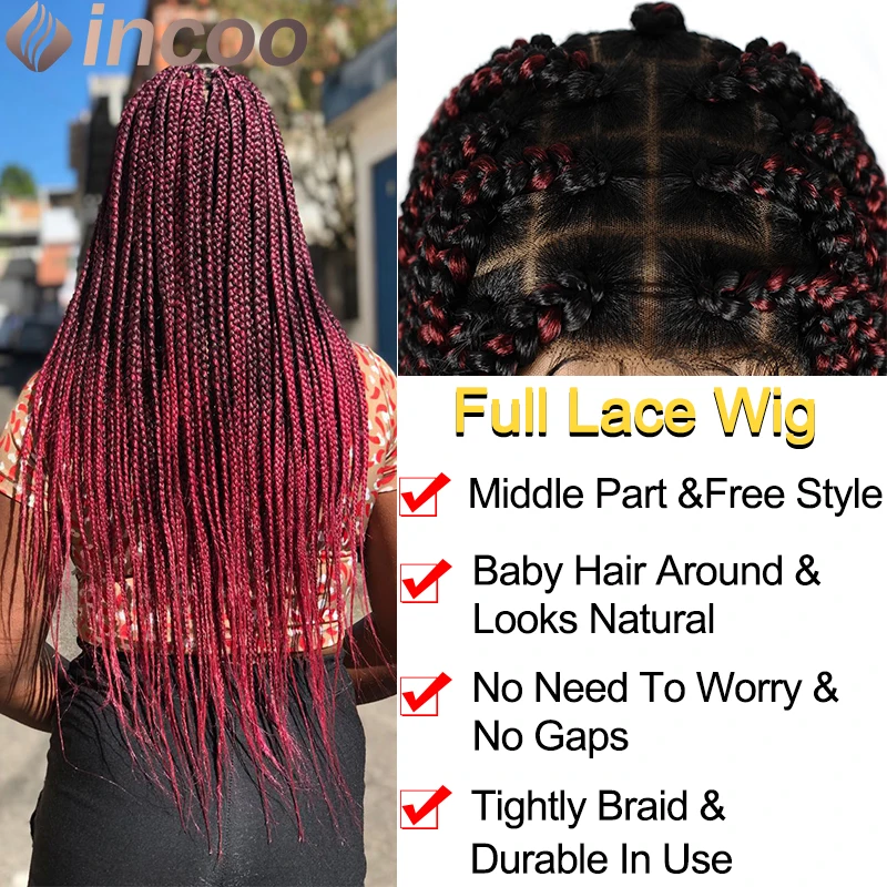 INCOO Synthetic Square Part Braided Wig for Women 36inch Burgundy Silky Jumbo Full Lace Frontal Box Braid Wig Goddess Braids Wig