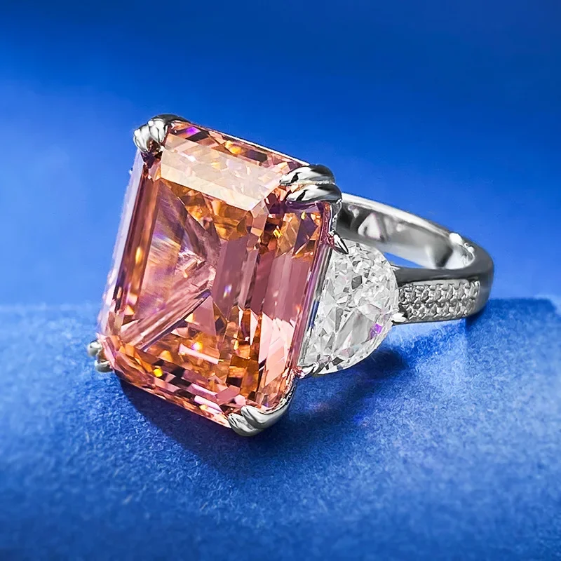 PANSYSEN 100% 925 Sterling Silver 15CT Asscher Cut Orange Pink Padparadscha Gemstone Ring Weeding Fine Jewelry Free Shipping