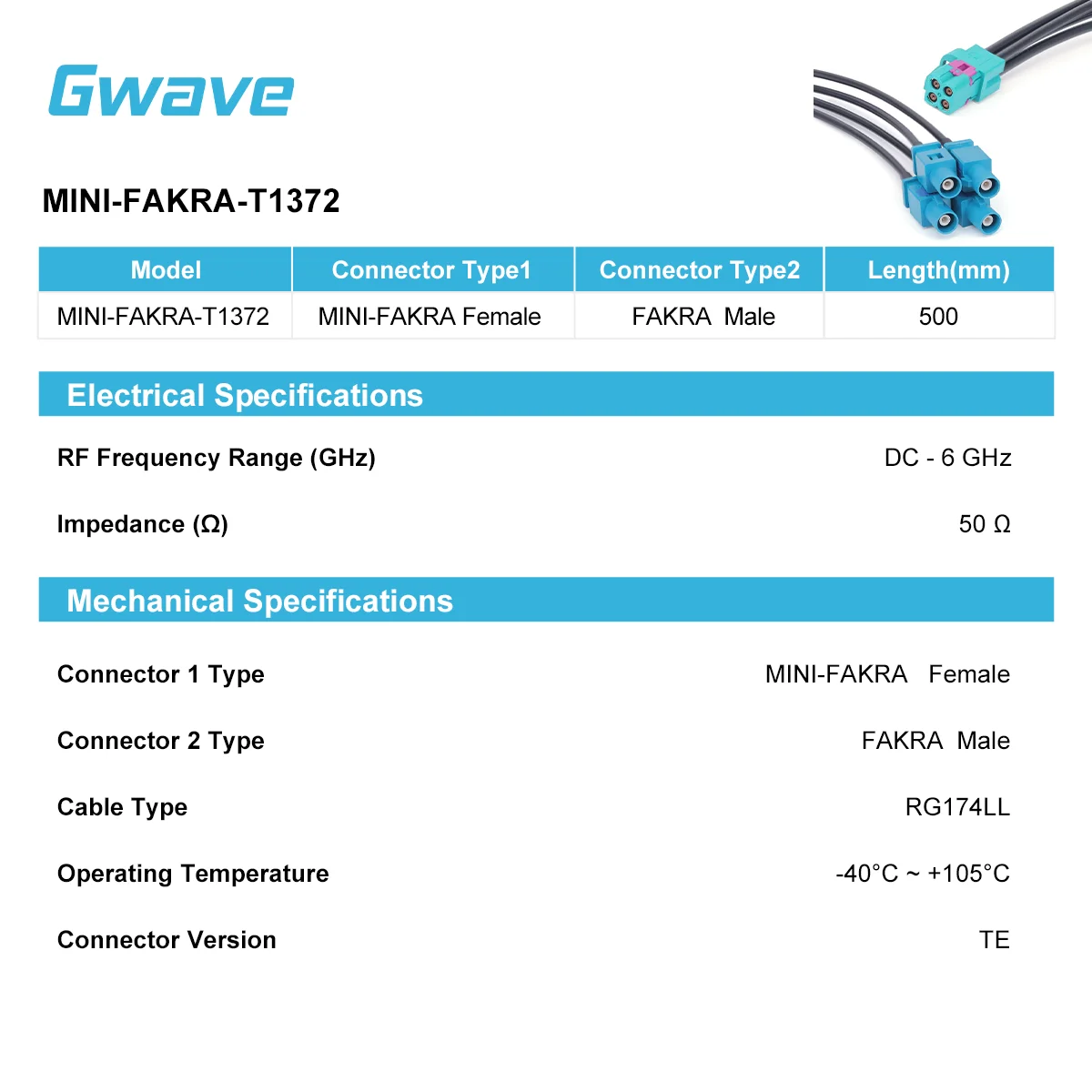 Gwave MINI-FAKRA Female To FAKRA Male Cable RG174LL DC-6GHz 50 Ohm Copper-clad Steel Conductor 500mm Length (TE)