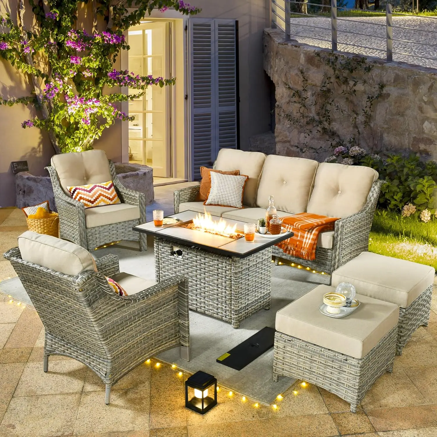 

Furniture Sets with Fire Pit Table,6 Pieces All Weather PE Wicker Conversation Sofa