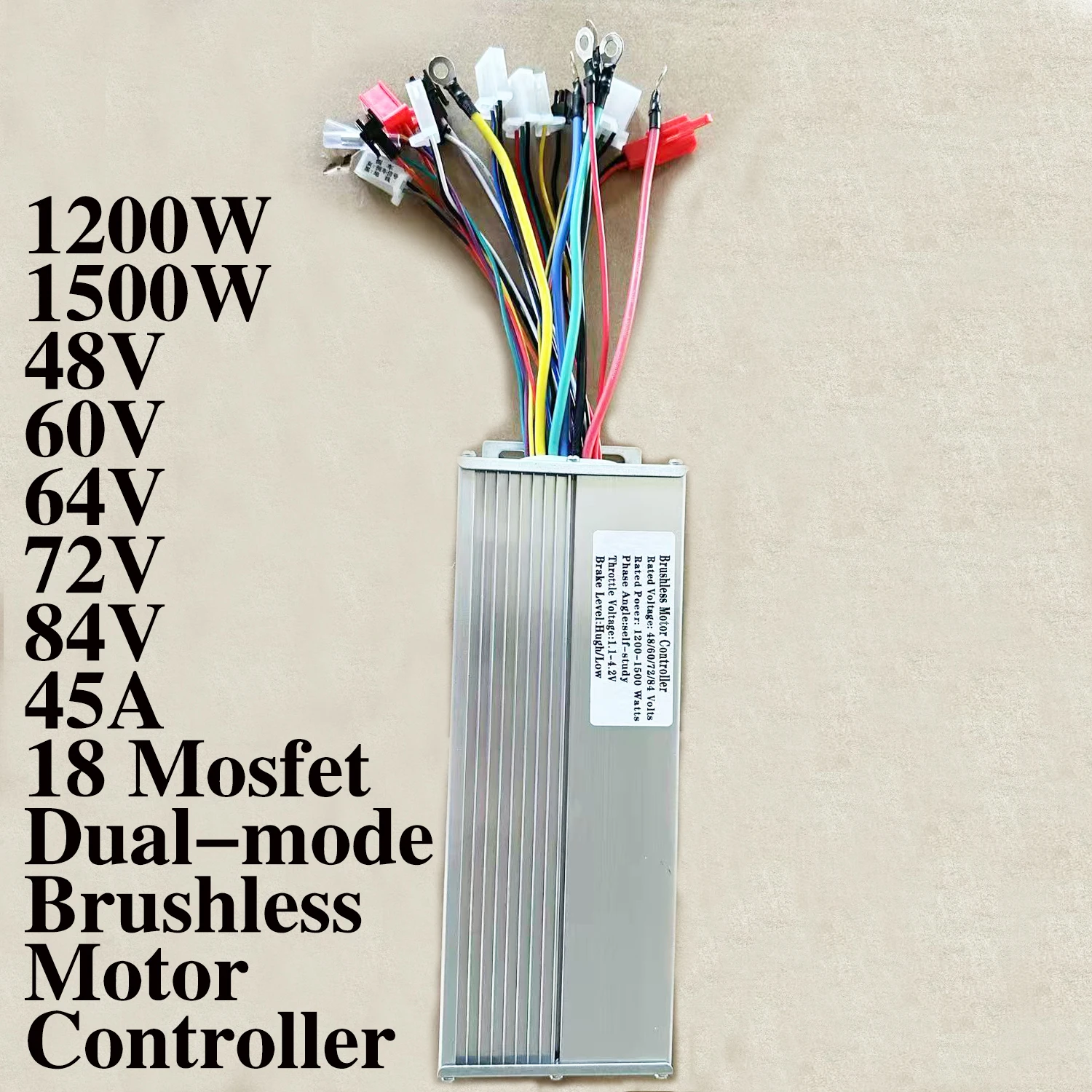 48V/72V 1200-1500W E-bicycle Brushless Motor Controller 18 Mosfet MAX45A for Electric Bicycles E-scooter ATV Kart Tricycle Moped