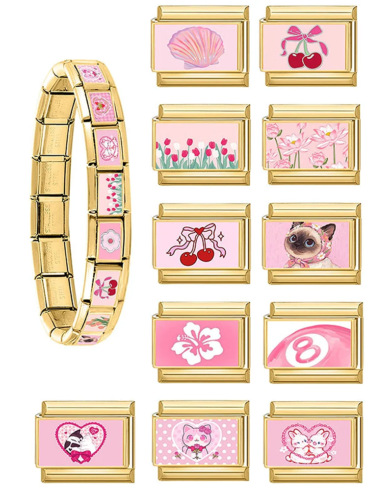 Bracelets joncs en acier inoxydable de 9 mm avec breloques italiennes dorées, motif chat, chien, nœud, cerise, tulipe, style Y2K rose, mignons et adorables, pour la création de bijoux DIY, cadeau