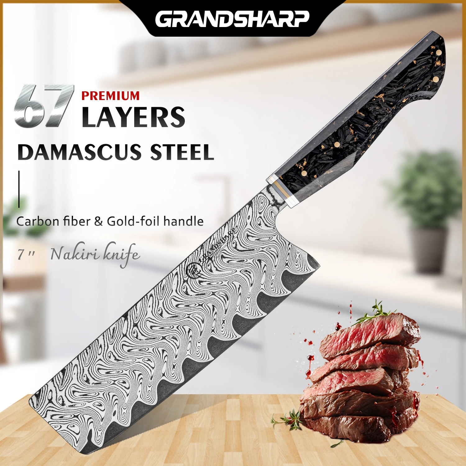 Grandsharp 7 Inch Nakiri Knife 67-layer AUS-10 Core Damascus Steel Kitchen Knife Food Meat Cutter Knife Sharp Kitchen Knive