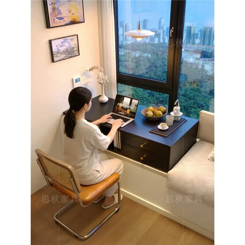 Solid wood bay window desk black with drawers locker bedroom household computer table windowsill writing study table