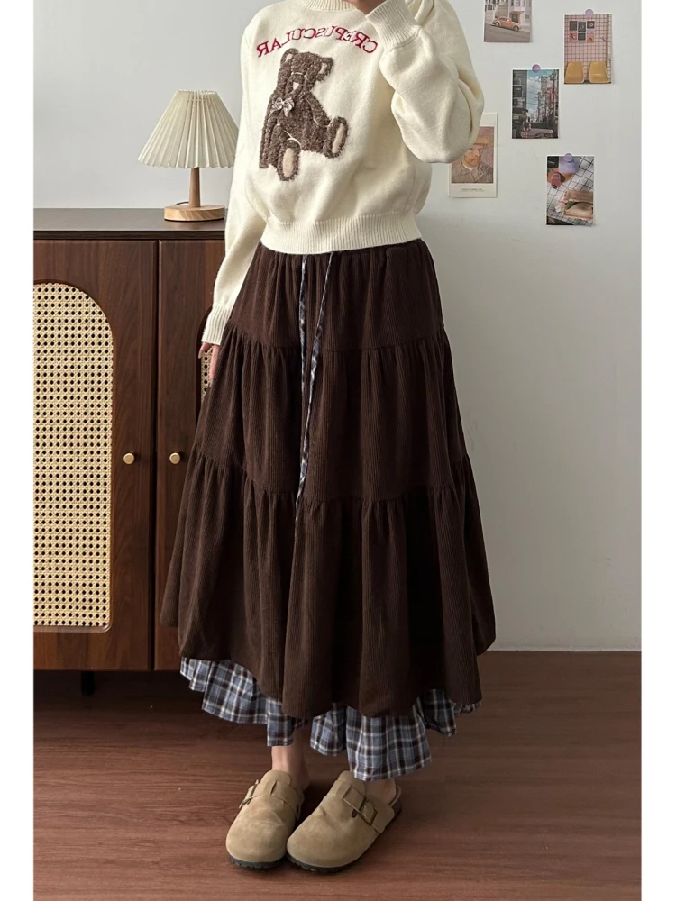 

Женская вельветовая юбка в клетку, осенне-зимняя, новая модель, с эффектом пэчворк, многоярусная, длинная, в стиле ретро, двухслойная, с высокой талией, полиэстер