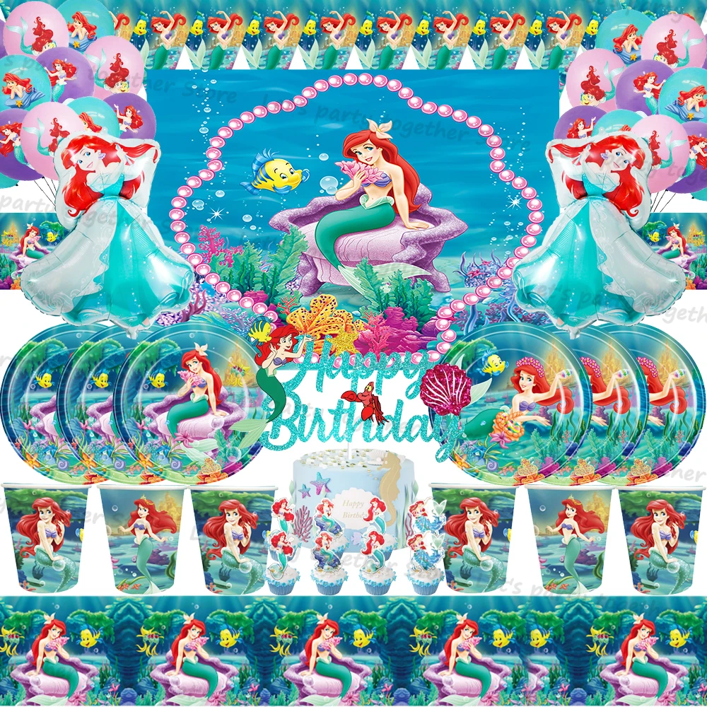 

Disney Little Mermaid Children's Birthday Ariel Princess Decoration Party Supplies Table Accessories Girls Festivel Family Gifts