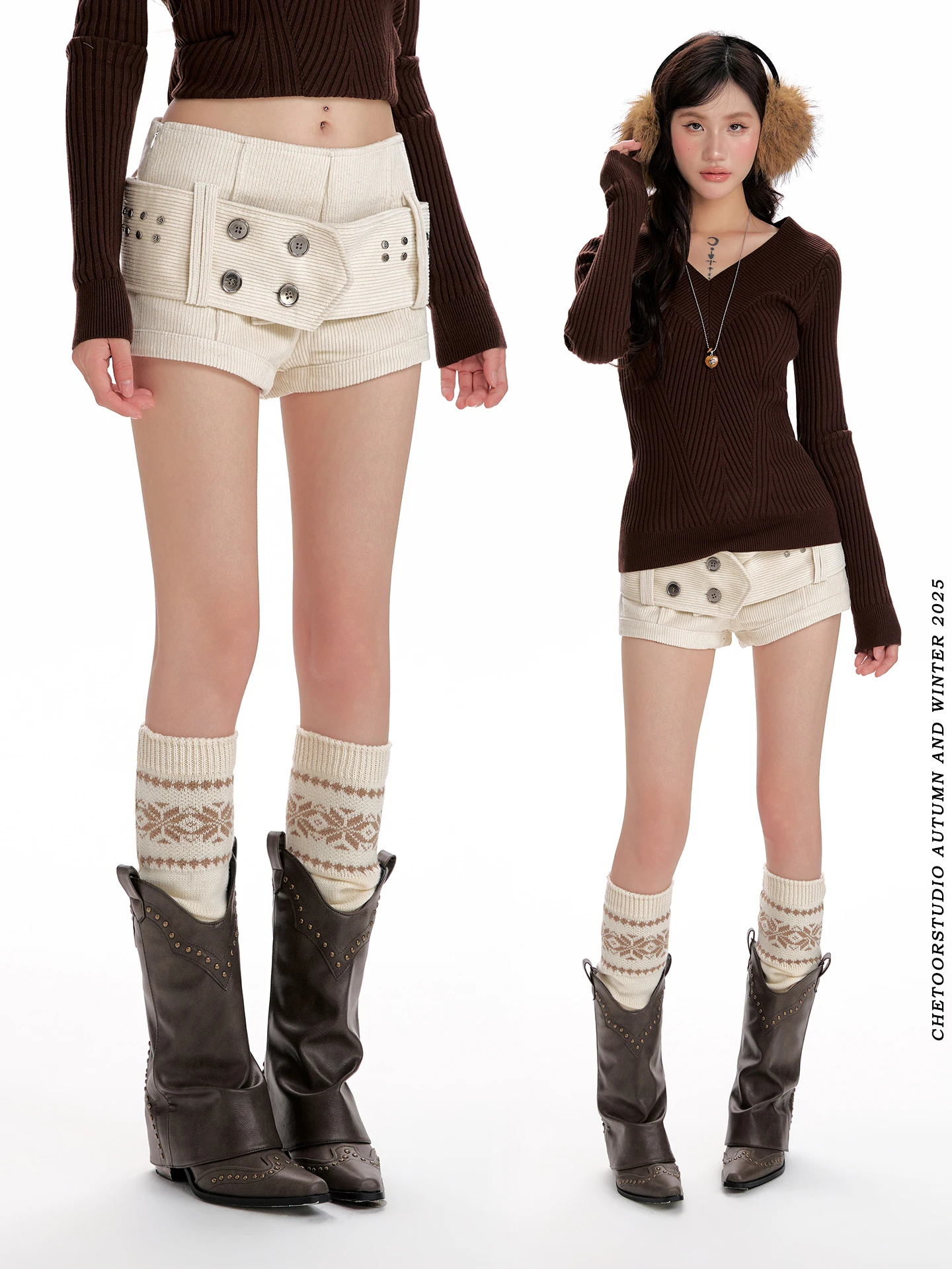 

Cool Spicy Design Button Waist Belt orts Women's Autumn Winter High Waist Slimming Sexy Girl Corduroy Casual Pants