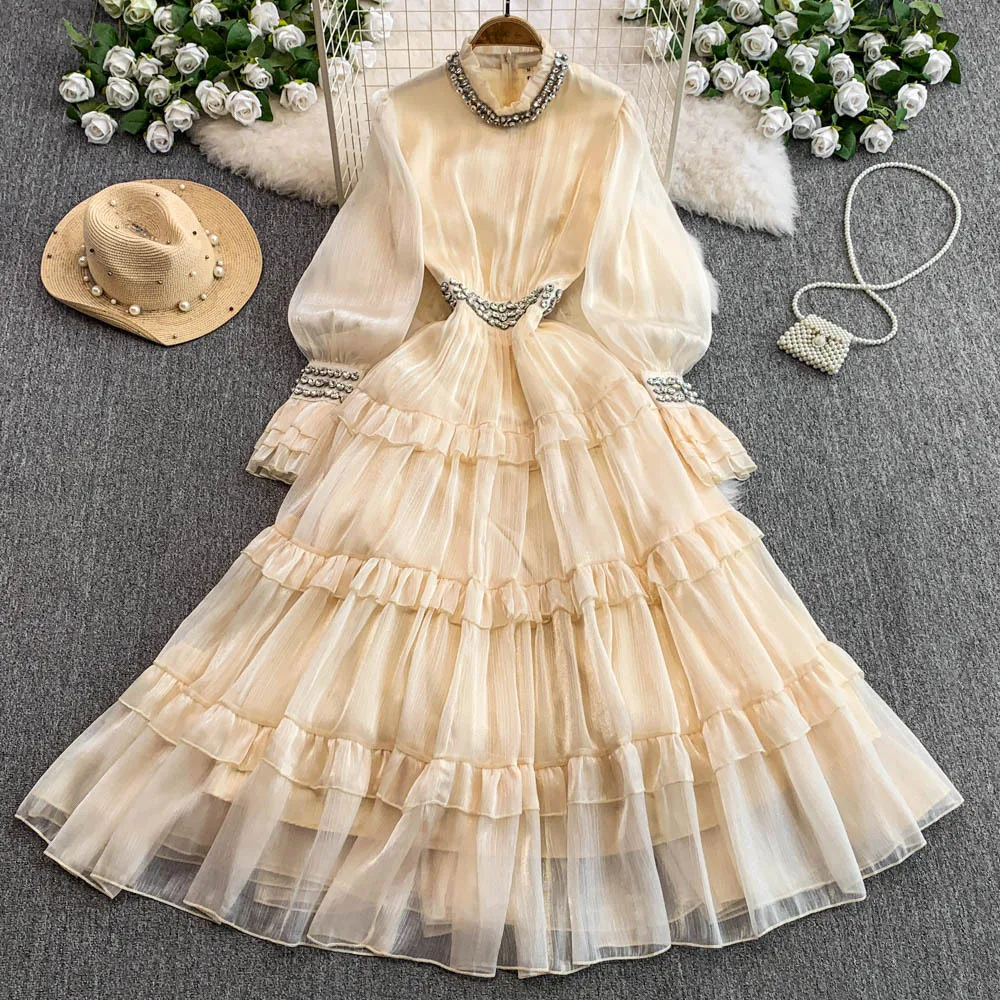 JAMERARY-Robe de Rhen dentelle blanche brodée pour femme, robe mi-longue, manches longues lanterne, fermeture éclair, crochet solide, piste éducative, vacances d'automne