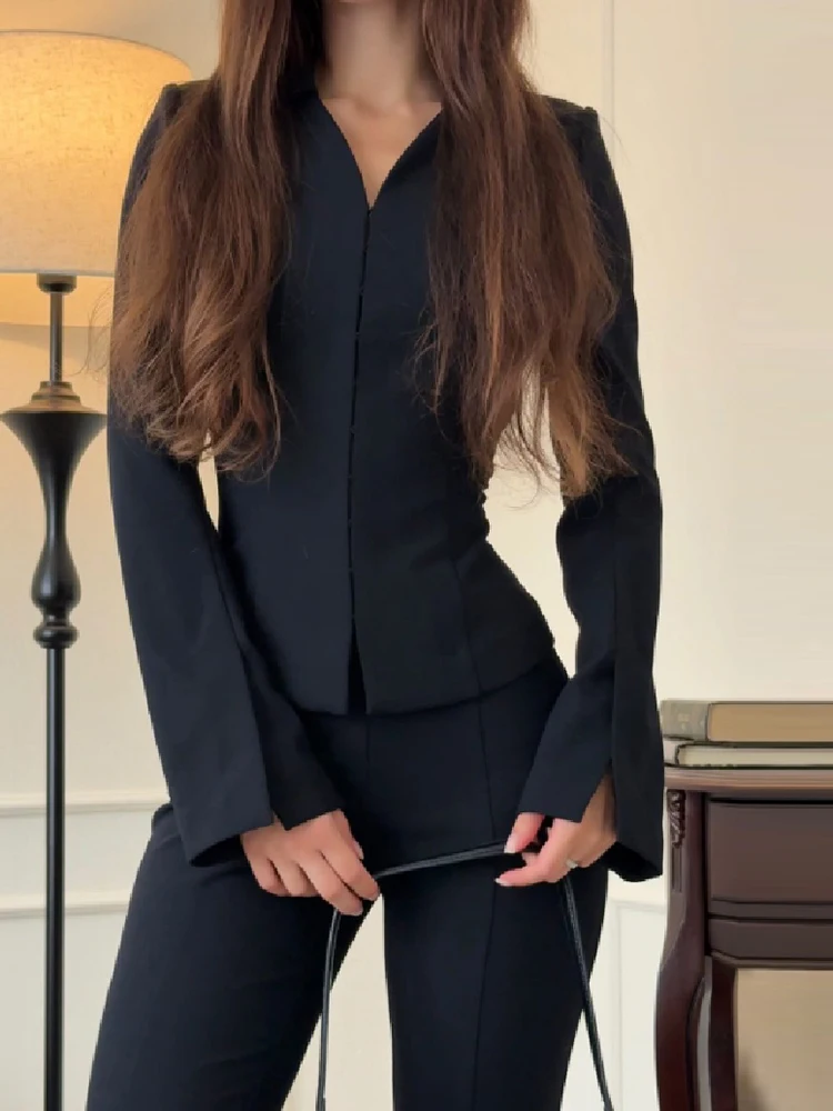 Minimalist Solid Flared Pants Suit Women Lapel Flare Sleeve Peplum Blazer High Waist Slim Set Business Office Formal Outfit 2026 view 6