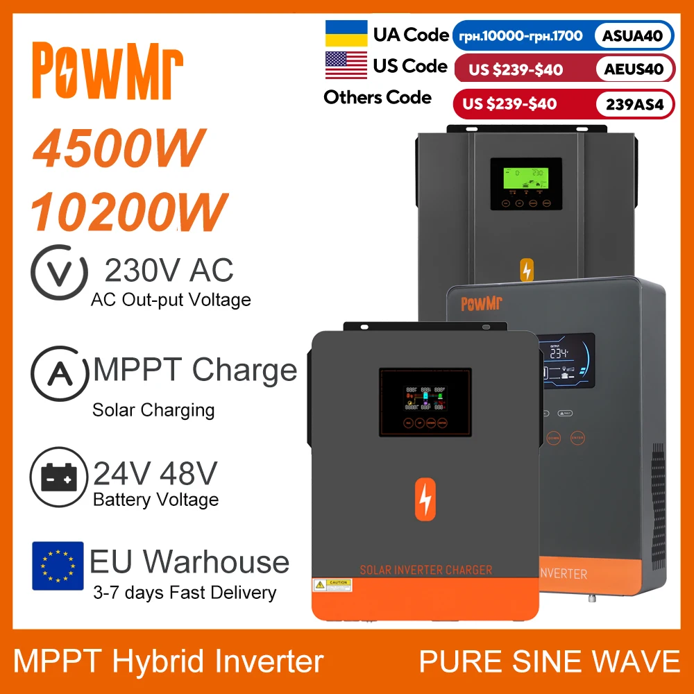 EU Stock 3KW 4.5KW 6.5KW 4.2KW 6.2KW 10KW 24V 48V 230Vac MPPT Charge Solar Power Hybrid Inverter Local Fast Delivery Fit Lifepo4