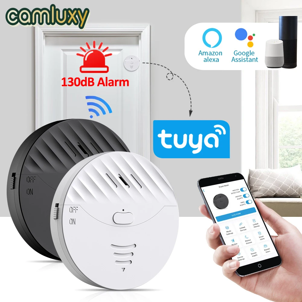 camluxy tuya wi fi janela alarme sensor de quebra de vidro alarme 130db anti roubo detector de vibracao alarme para casa porta janela seguranca 01