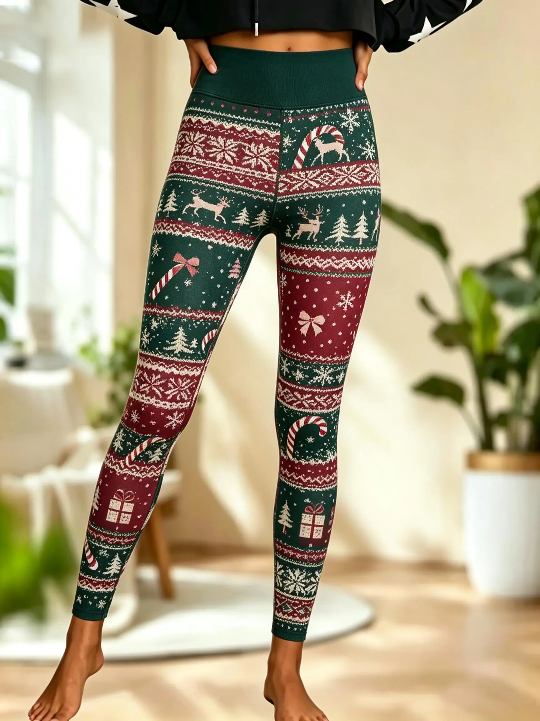 Women Fleece-Lined Mid-Rise Leggings Christmas Patchwork Candy Cane Gift Snowflake Print Slim Warm Pants - view 4
