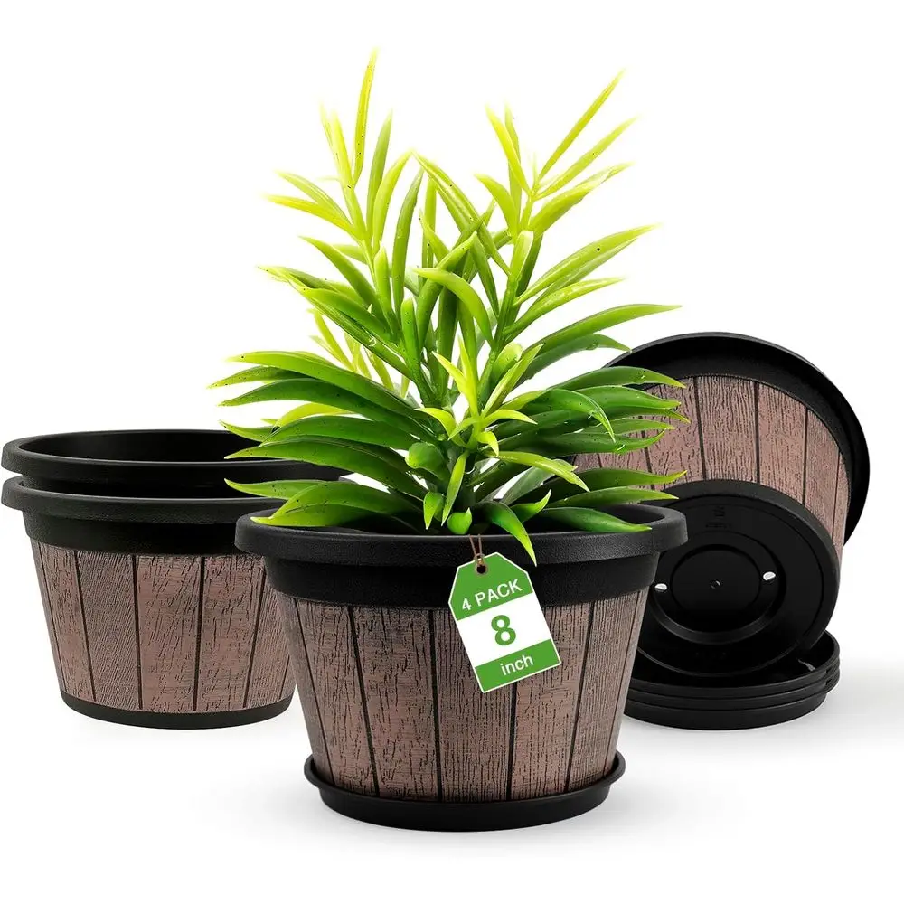 4 Pack 8 Inch Plant Pots with Drainage, Retro Barrel Design, Plastic Planters for Indoor or Outdoor Use (Brown)