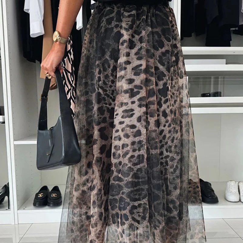 Moda damska Club Party Slim Half Skirts New Autumn Leopard Print Pleated Skirts Elegant Elastic High Waist Mesh Long Skirt