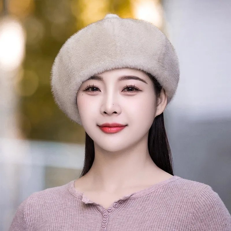 New winter beret for women thickened with real fur fashionable and warm pumpkin hat middle-aged elderly people
