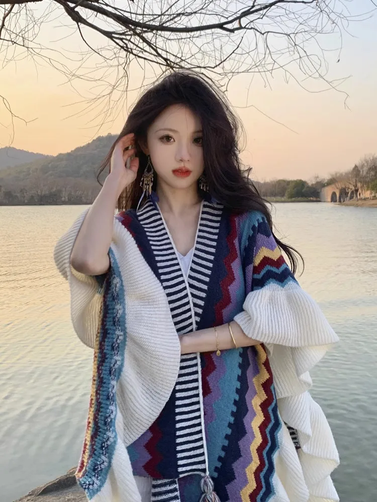 Chic Boho Women Colorful Zigzag Pattern Knit Shawl Cape Soft Cotton Blend Ruffled Edge Wrap For Travel Vacation Daily Outerwear