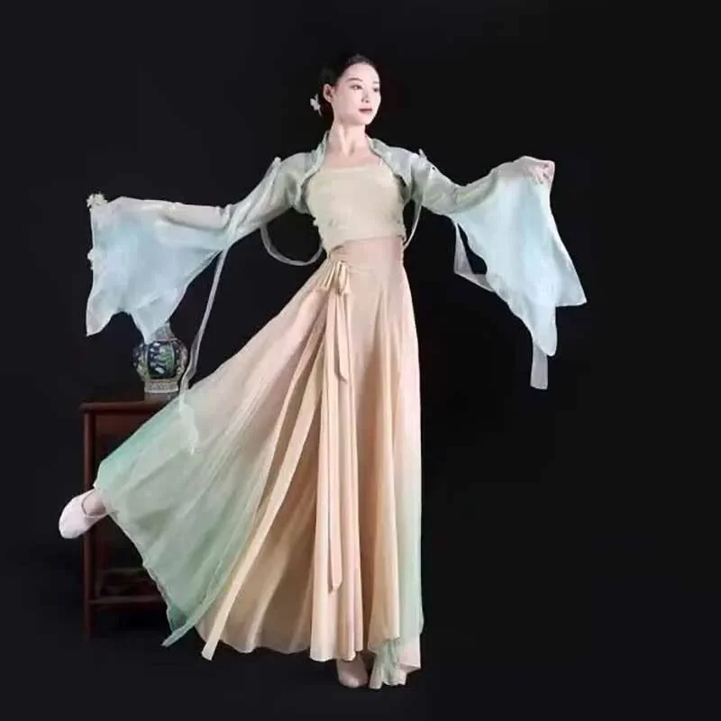 Chinese style folk dance classical dancer performance costumes elegant cardigan practice clothes body rhyme long outer gauze