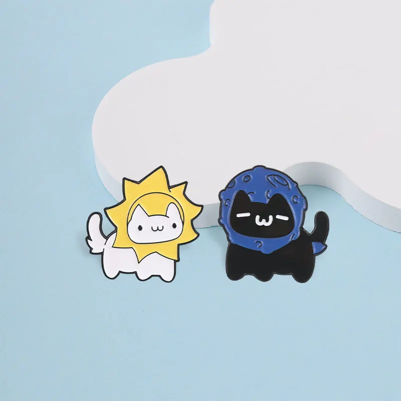 Creative Cats With Sun And Moon Badge Pins Brooch Cartoon White Black Kitten Enamel Lapel Pin Collar Bag Hat Ornament Gift
