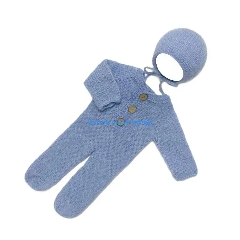 

090B Уютный наряд для новорожденных для фотосъемки, однотонный комбинезон с длинными рукавами, вязаный комбинезон с подходящей