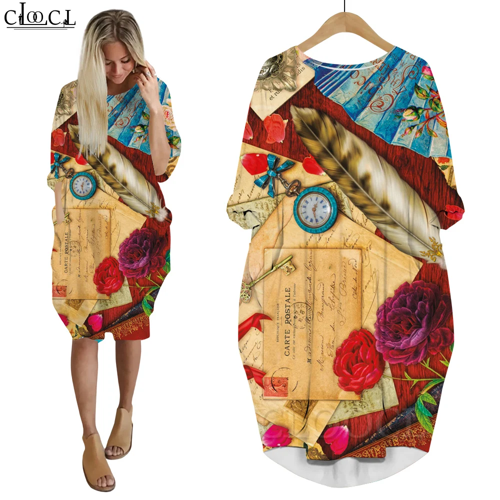 CLOOCL Retro Dress for Women Valentine's Day Rose and Envelope 3D Printed Long Sleeve Pocket Loose Casual Summer Clothing