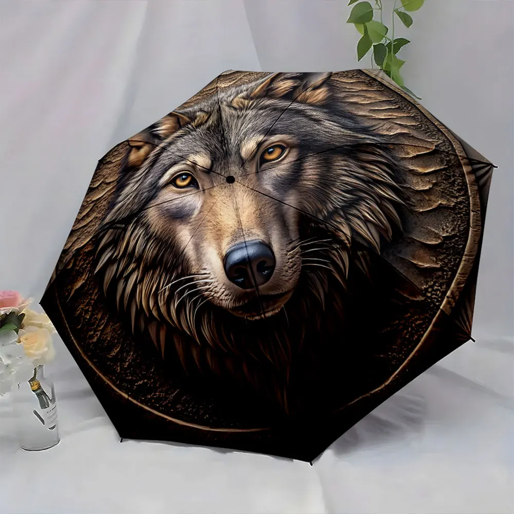 1PC Wolf-Patterned Umbrella with Realistic Design Print 8 Iron Ribs Folding Umbrella Auto-Open Fashion Sunshade