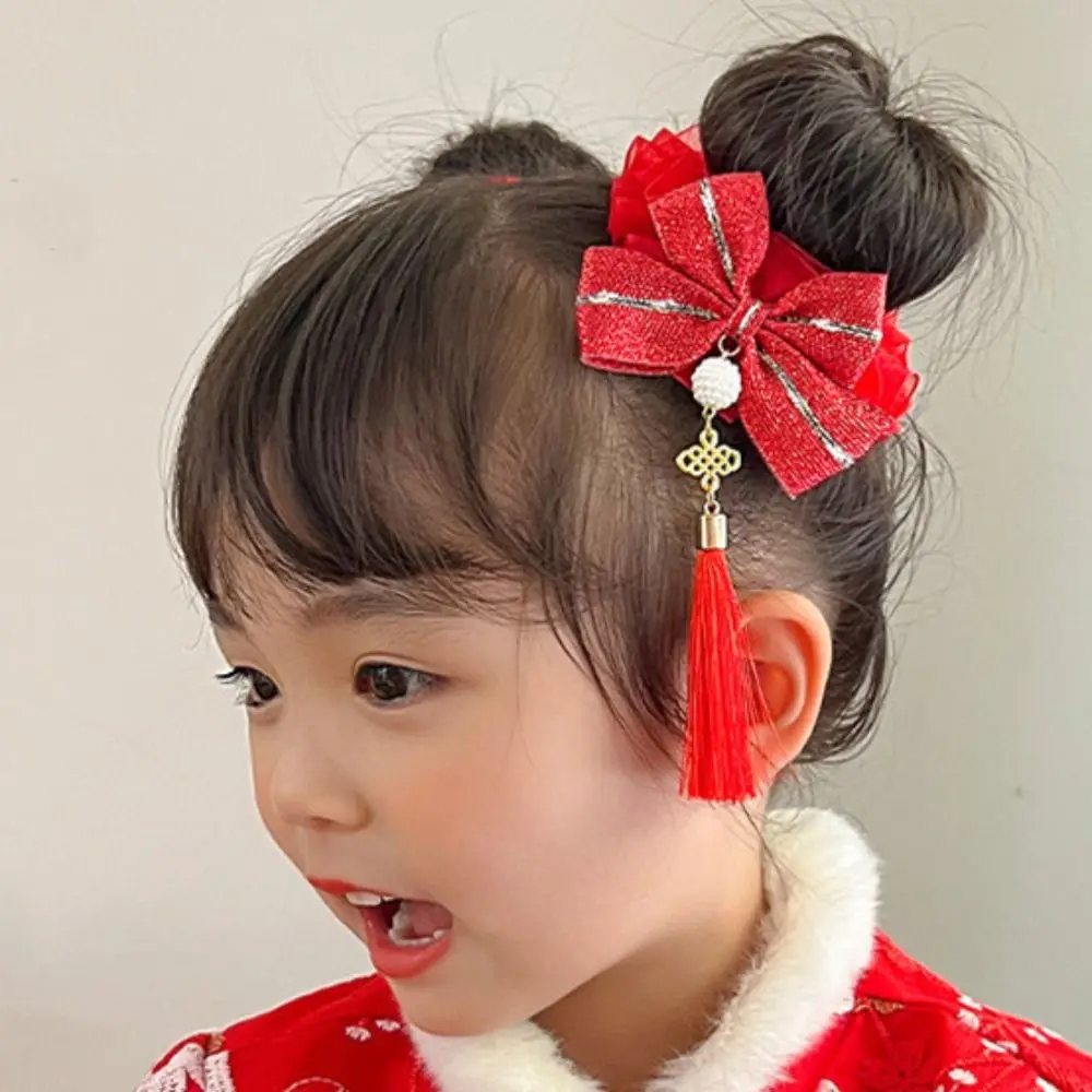 Tassel Children Red Hair Rope Hairball Tang Suit Hair Clip Chinese New Year Headwear Ancient Headwear Pearl Red Bow Hair Rope