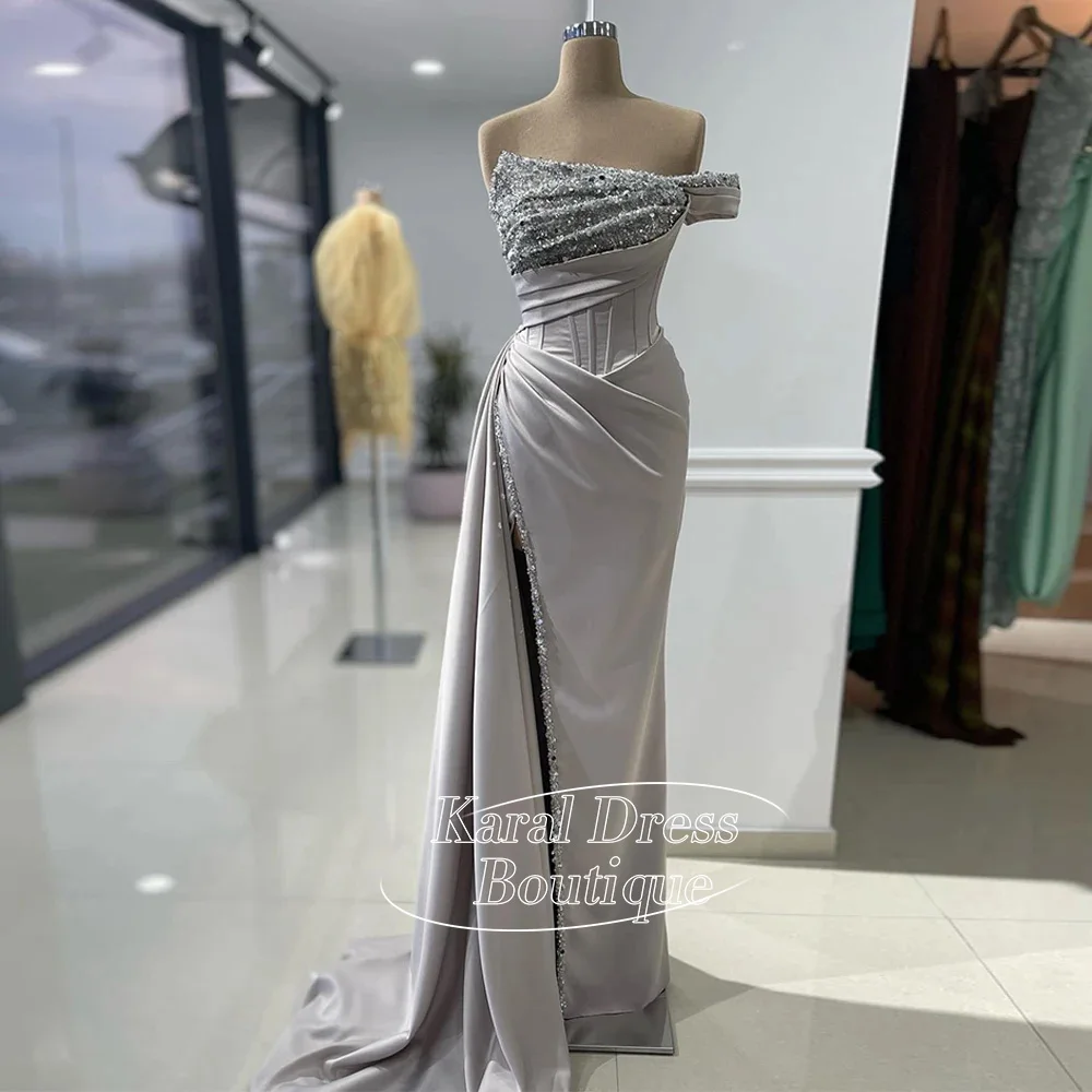 

Аравия модное светло-серое вечернее платье с открытыми плечами и вырезом из бисера, расшитое блестками, плиссированное платье с разрезом, платье русалки для выпускного вечера, Vestido De Festa Longo