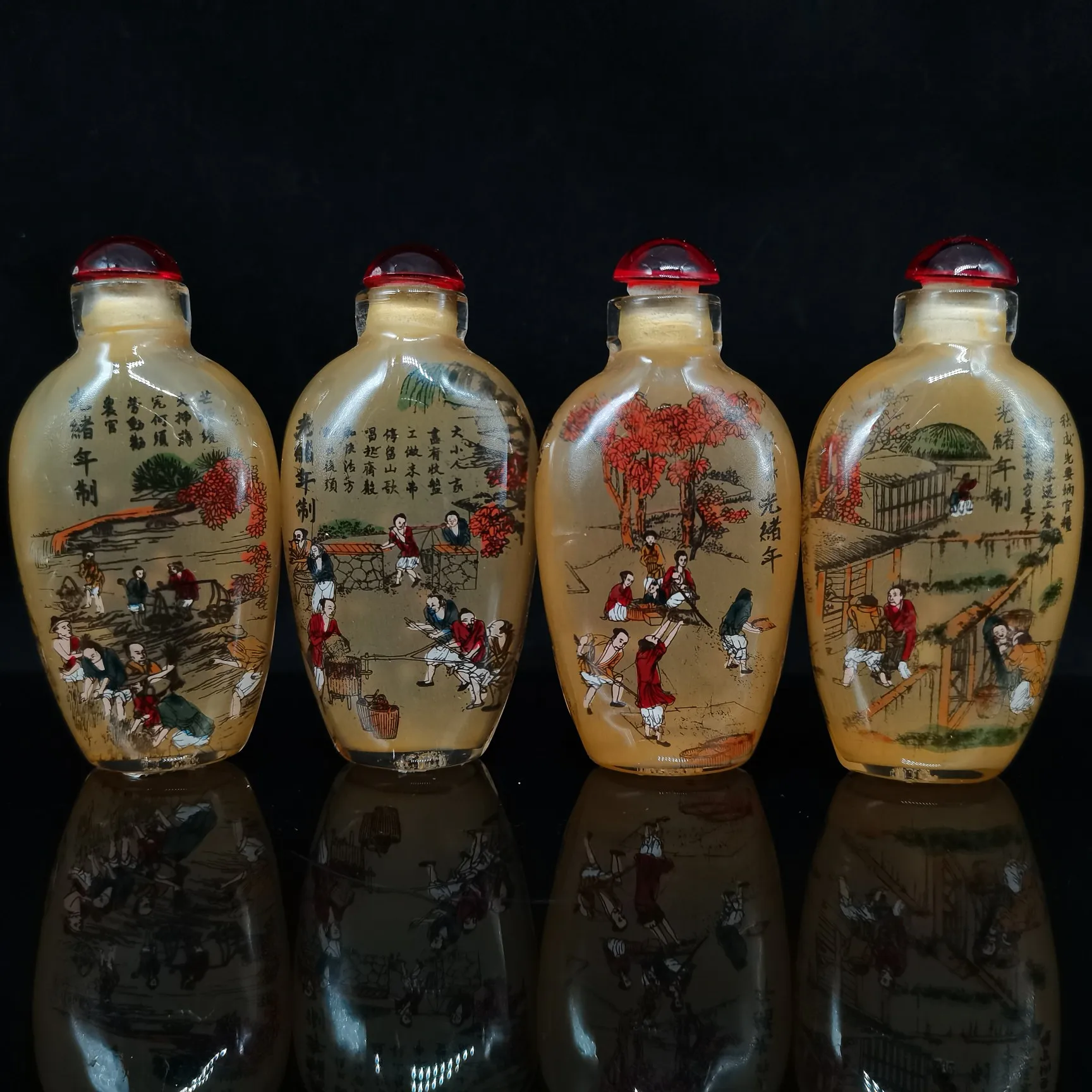 Chinese retro glass interior painting Guangxu male farming map small bottle desk decoration pieces of four sets