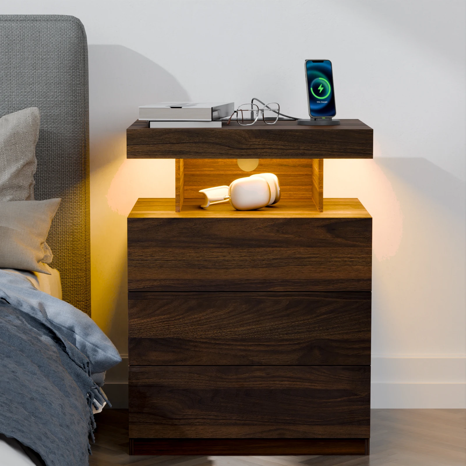 

Nightstand with Wireless Charging & 3 Drawers Bedroom End Table Storage Cabinet