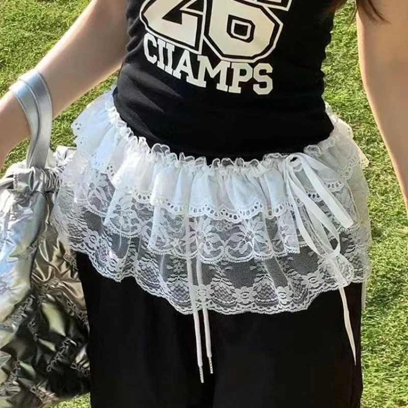 Falda Irregular de encaje de moda coreana, cortina de flores blancas, falda de medio cuerpo de malla de encaje, pantalones vaqueros de verano para mujer, dobladillo decorativo