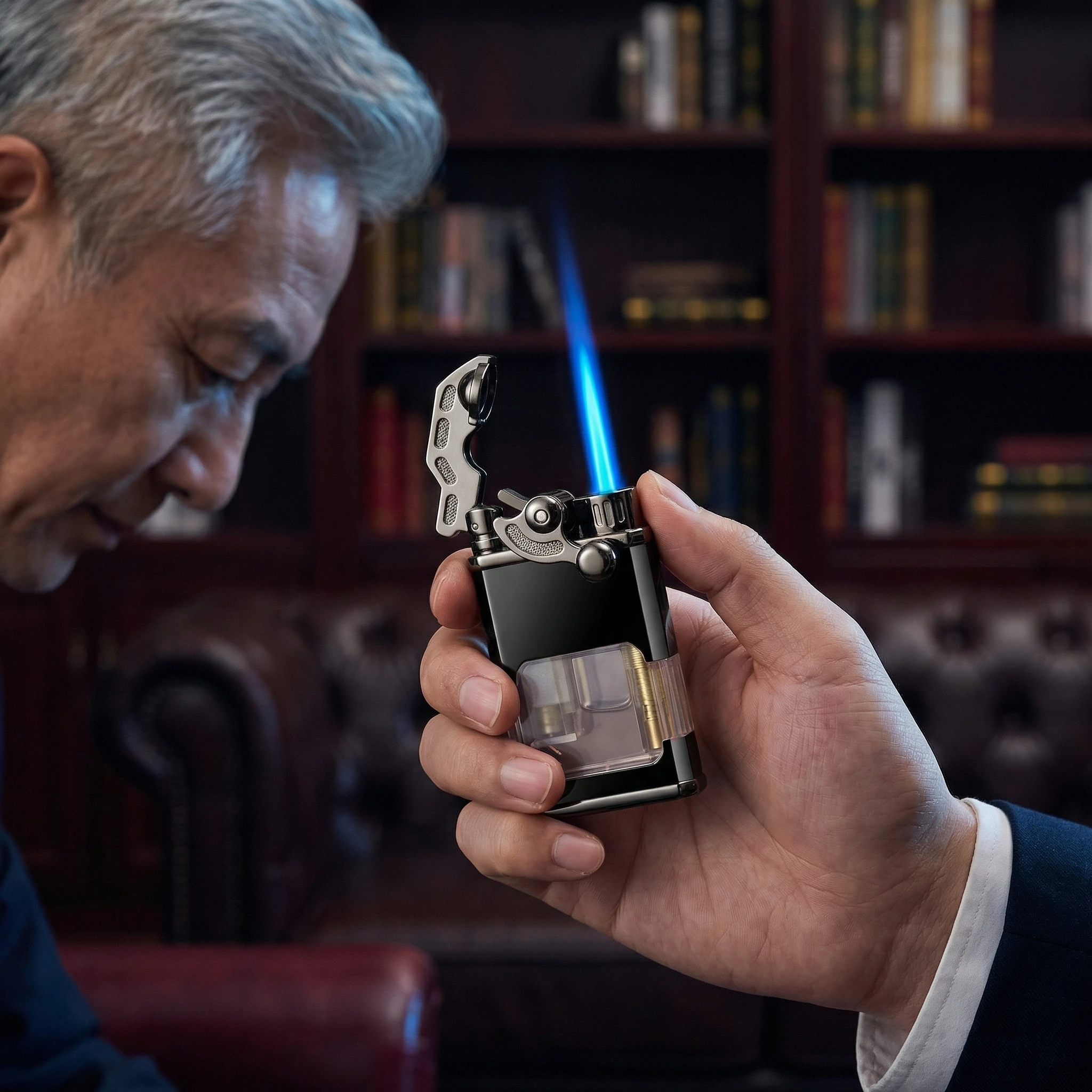 

Mechanical Rocking Arm Jet Torch Lighter,Windproof Refillable Butane Lighter with Transparent Gas Window Perfect Gift for Men