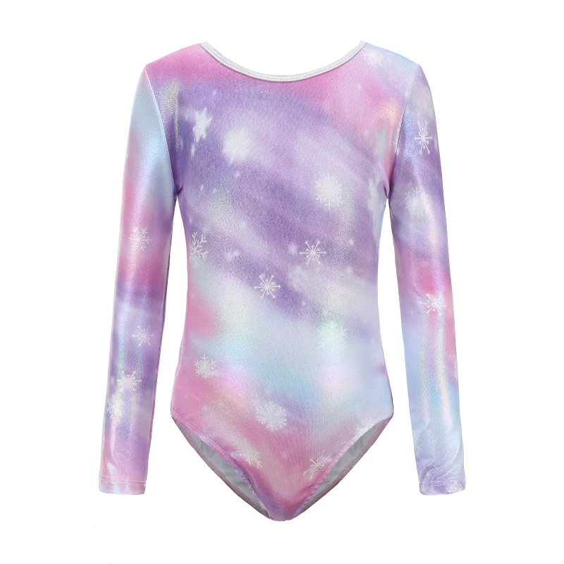 Kids Girls Long Sleeve Leotard Glittering Skating Ballet Jumpsuit 5-12 Years Kids Snow Flower Printed Gymnastics Dancewear