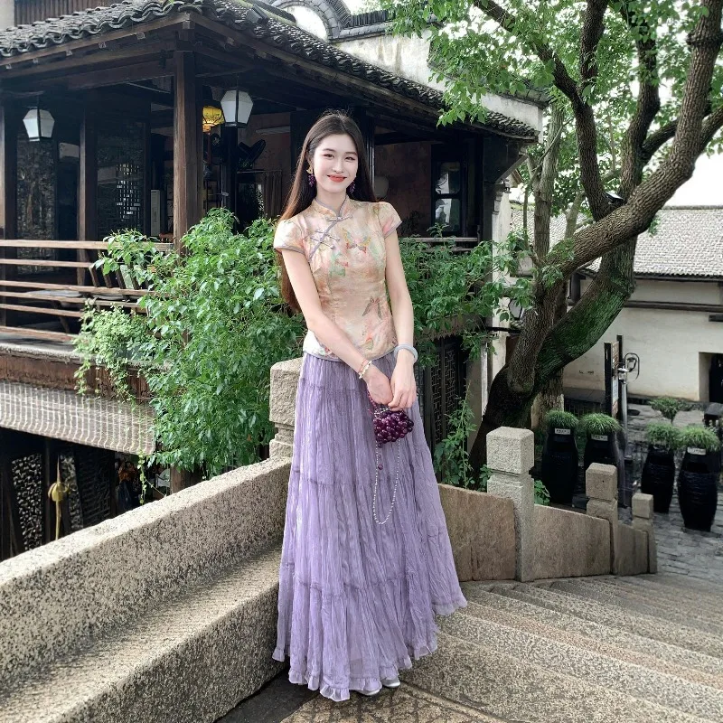 Summer Butterfly-printed Top Women Early Autumn Textured Skirt Two-piece Dress Two-piece Fashionable Stylish Commuter Women Wear