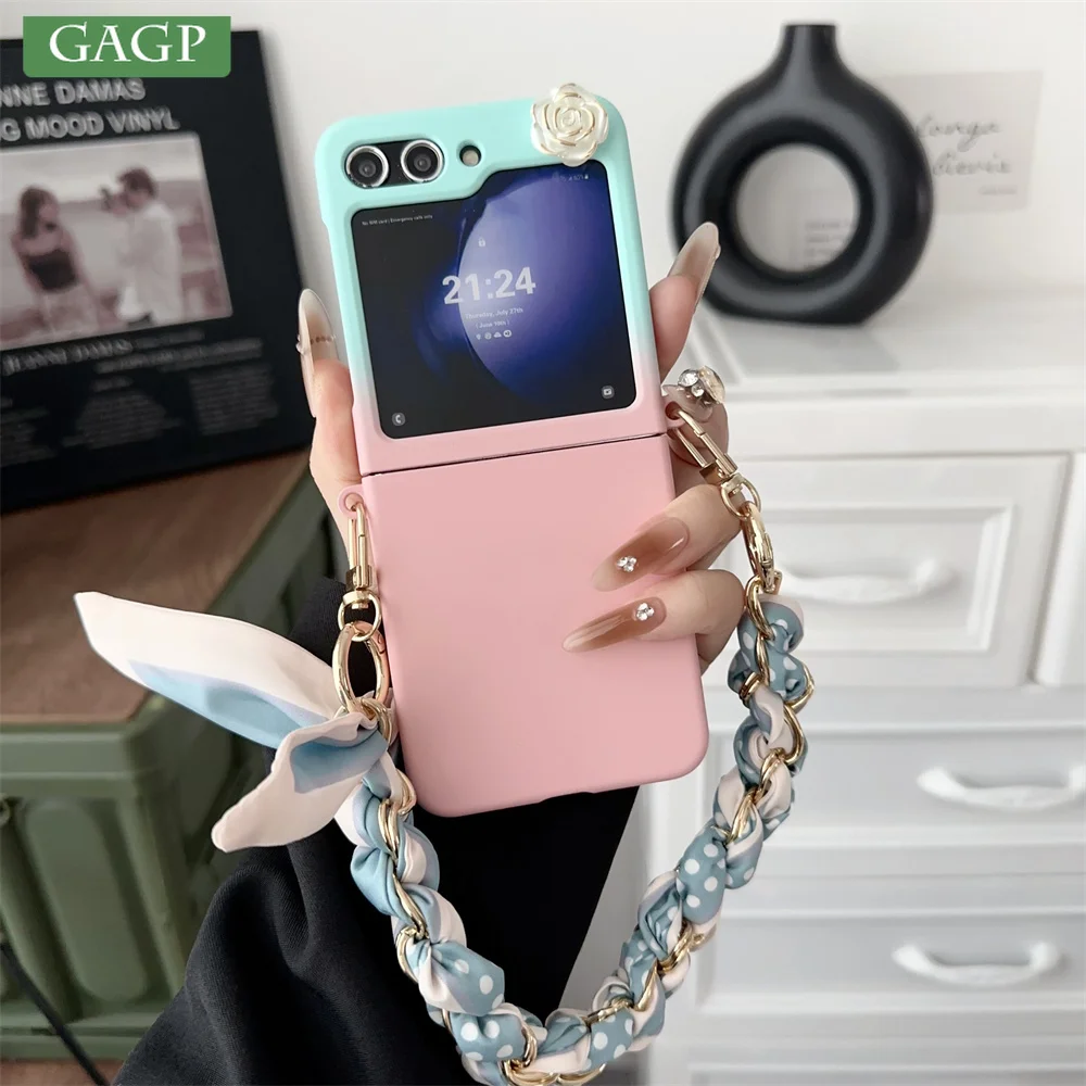 For Samsung Galaxy Z Flip 6 5 Case Fashion Bracelet Wrist Chain Lanyard Gradient Scarves Shockproof  Cover For Galaxy Flip 5 6