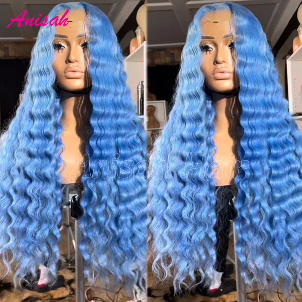 Perruque Lace Front Wig sans colle naturelle, cheveux humains, couleur bleu ciel, HD, transparente, 13 age