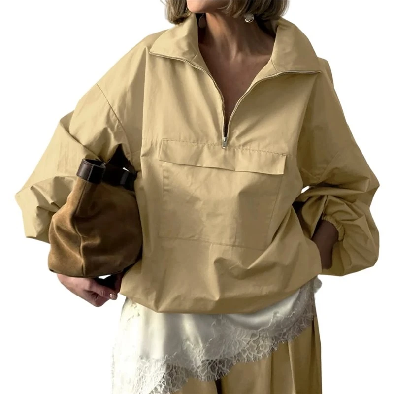 Women Stand Collar Half Zip Pocket Drop Shoulder Long Sleeve Oversized Windbreaker Pullover Jacket Khaki S Eco-Friendly