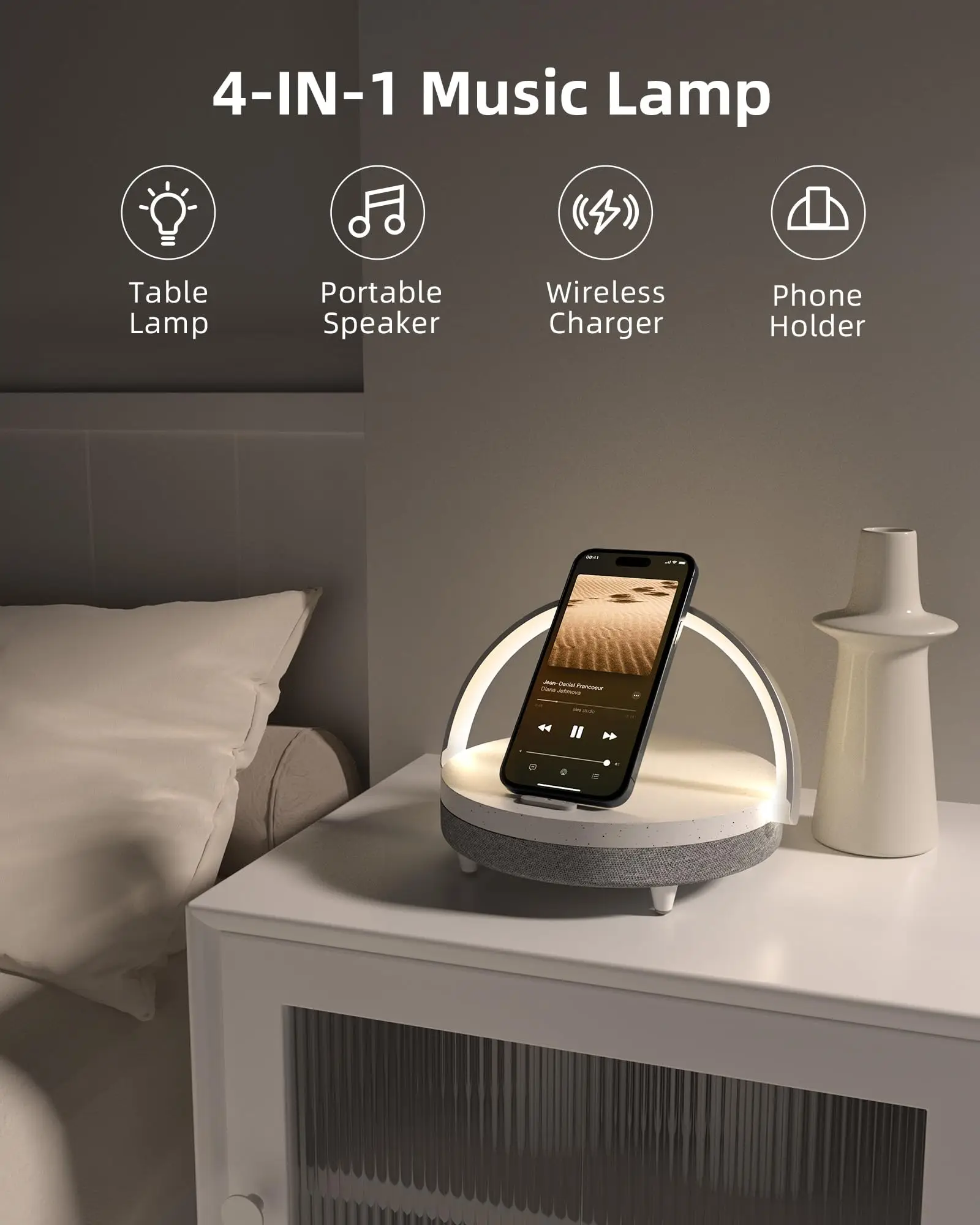 Music Table Lamp with Wireless Charger, 4 in 1 Touch Bedside Lamp, Portable Bluetooth Speaker, Dimmable LED Night Lights